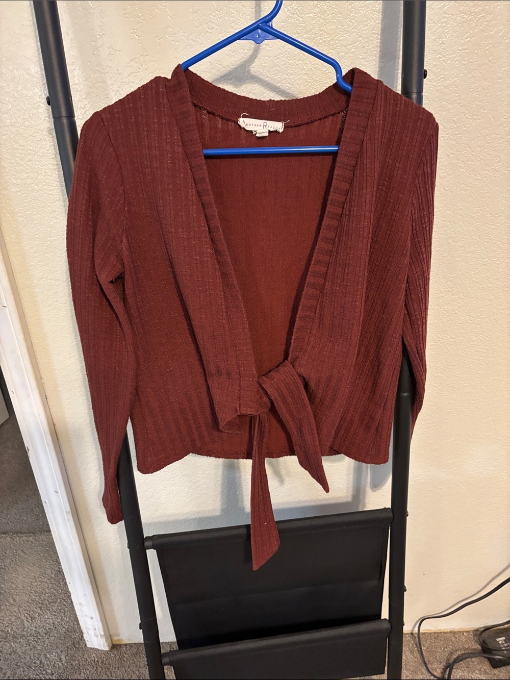 Tie-Front Ribbed Cardigan Sweater — Rust